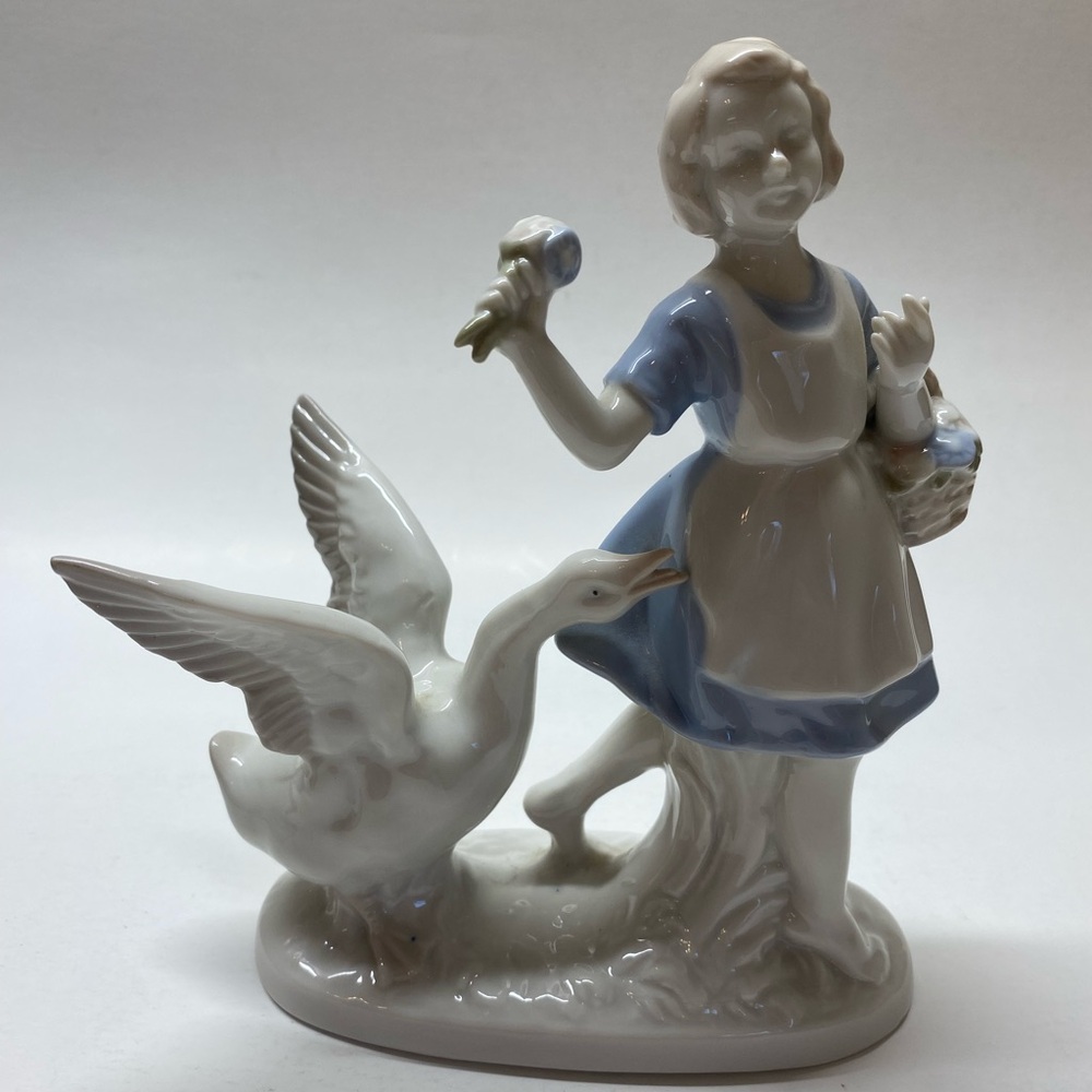 Vintage Porcelain Figurine “Girl Feeding Geese”Hand-Painted Germany Blue/White